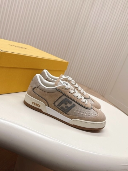 2025 Unisex Fendi Beige Light Brown Leather Suede Plimsolls FF Logo LY00350(F)/LY00360(M)
