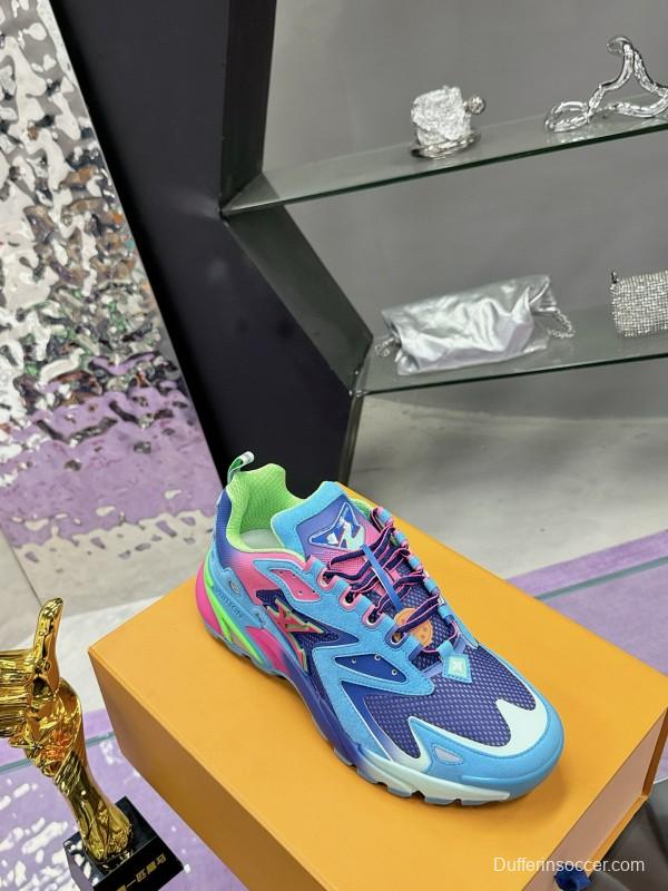 2025 Men Louis Vuitton Blue Pink Green Mesh Leather Sneakers MJ00420