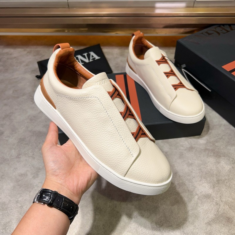 2024 Men Ermenegildo Zegna White Brown Calf Leather Pelletessuta Sneakers Elastic Detail MJ00280