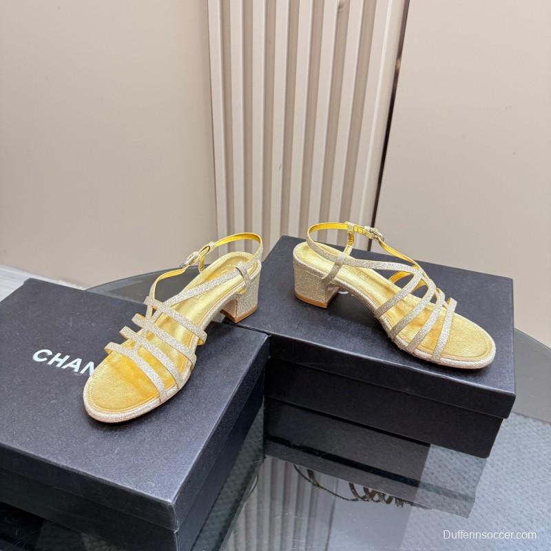 2025 Women Chanel Gold Leather Sandals KFY00290