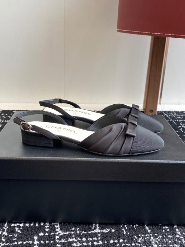2025 Women Chanel Black Satin Silk Leather Sandals Bow KFY00289