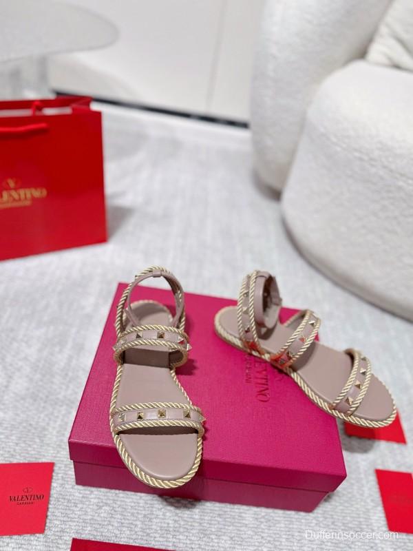 2025 Women Valentino Beige Leather Rope Espadrille Sandals LY00250