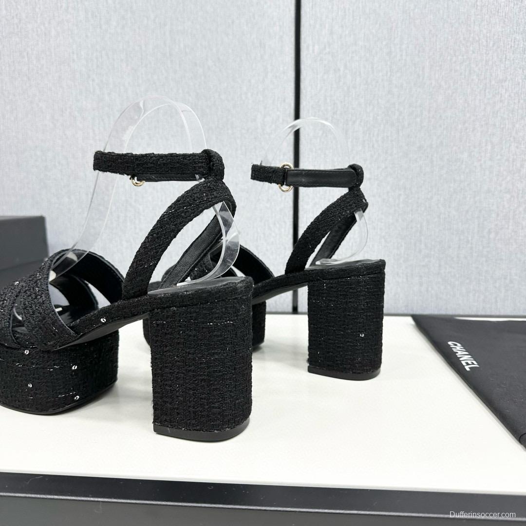 2025 Women Chanel Black Fabric Platform Sandals MJ00310