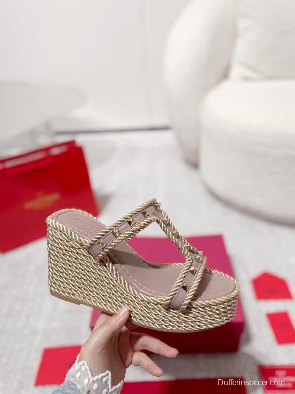 2025 Women Valentino Beige Rope Leather Wedge Sandals LY00290