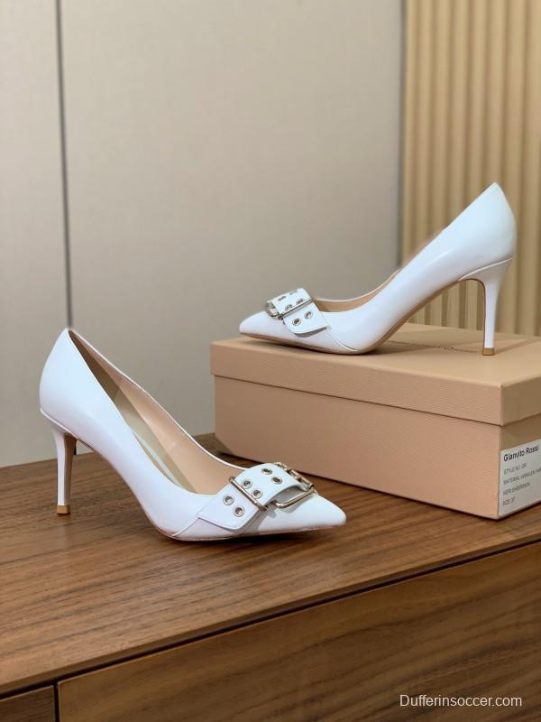 2025 Women Gianvito Rossi White Leather Buckle Pumps KFY00300