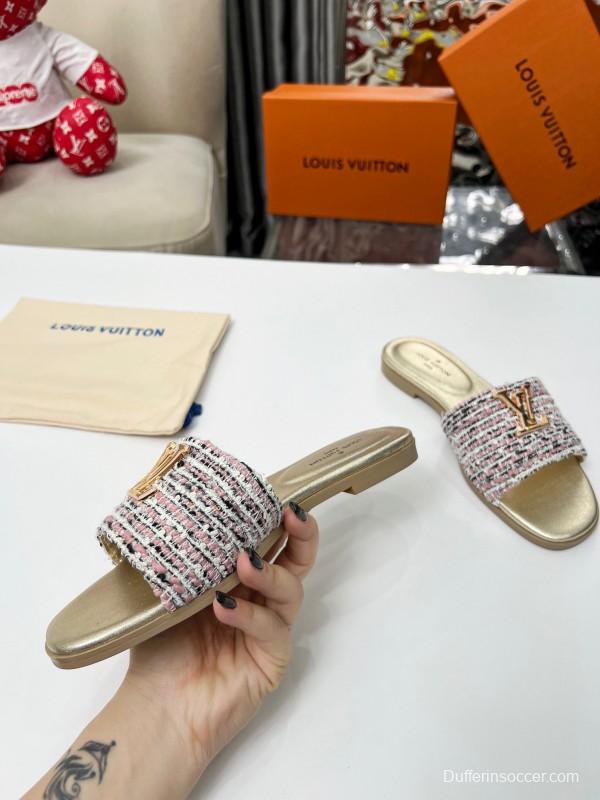 2025 Women Louis Vuitton Pink White Gold Fabric Leather Slippers