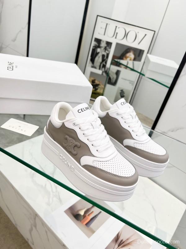 2025 Women Celine White Grey Leather Block Triomphe Sneakers LY00270