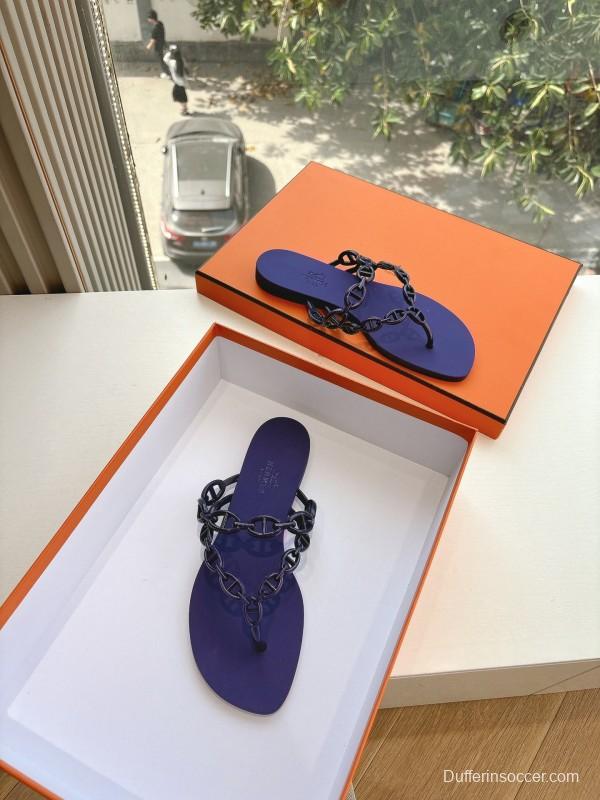 2025 Women Hermès Purple Rubber Chain Thong Sandals LY00360(F)