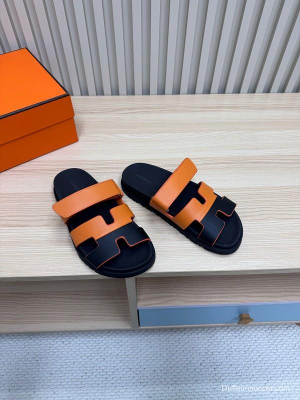2025 Women Hermès Orange Black Leather Slippers