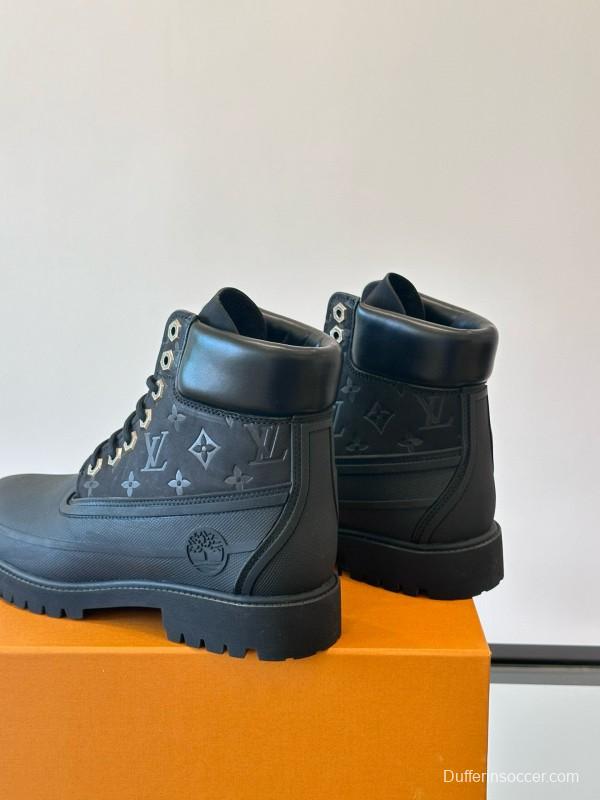 2024 Men Louis Vuitton Black Leather Monogram Work Boots MJ00390