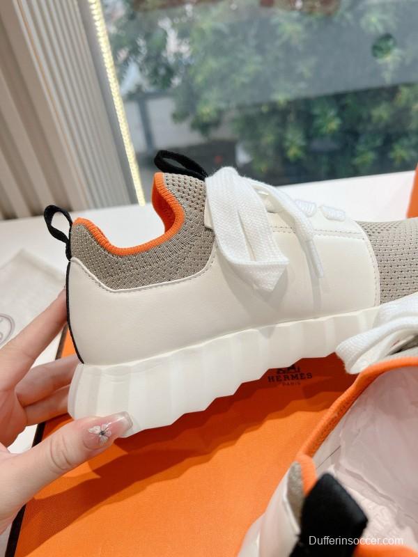 2024 Unisex Hermès Beige Orange Calfskin Suede Sneakers MJ00290(F/W)