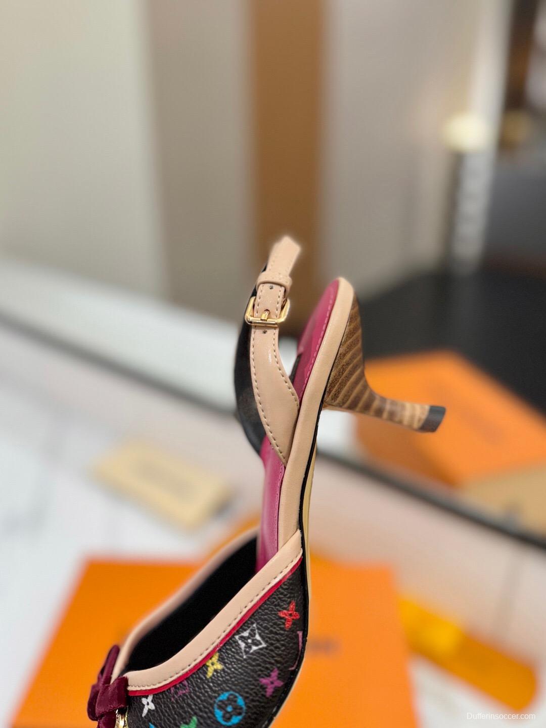 2025 Women Louis Vuitton Multicolor Black Leather Slingback Kitten Heel KFY00310