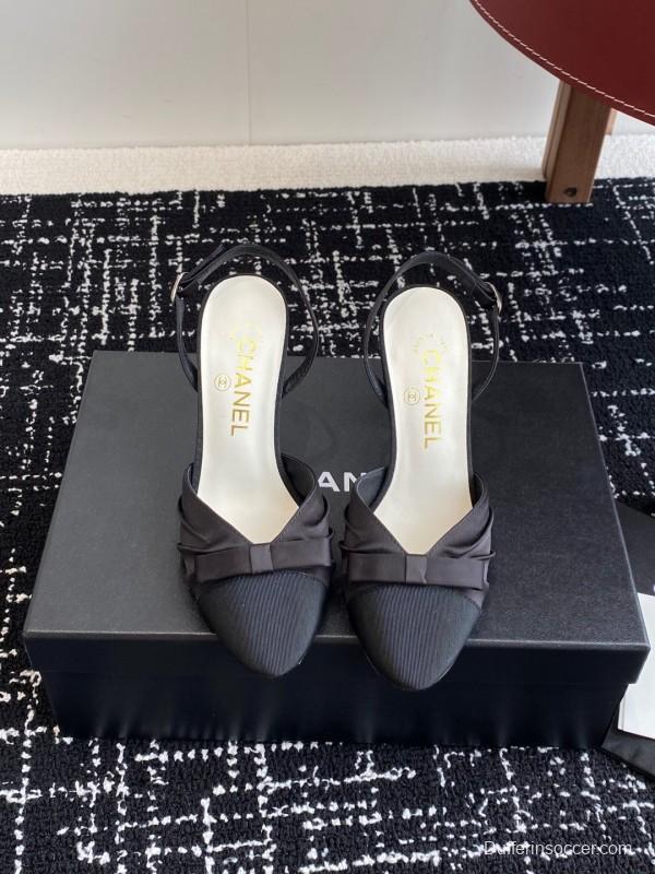 2025 Women Chanel Black Satin Leather High Heels Bow Slingback KFY00289