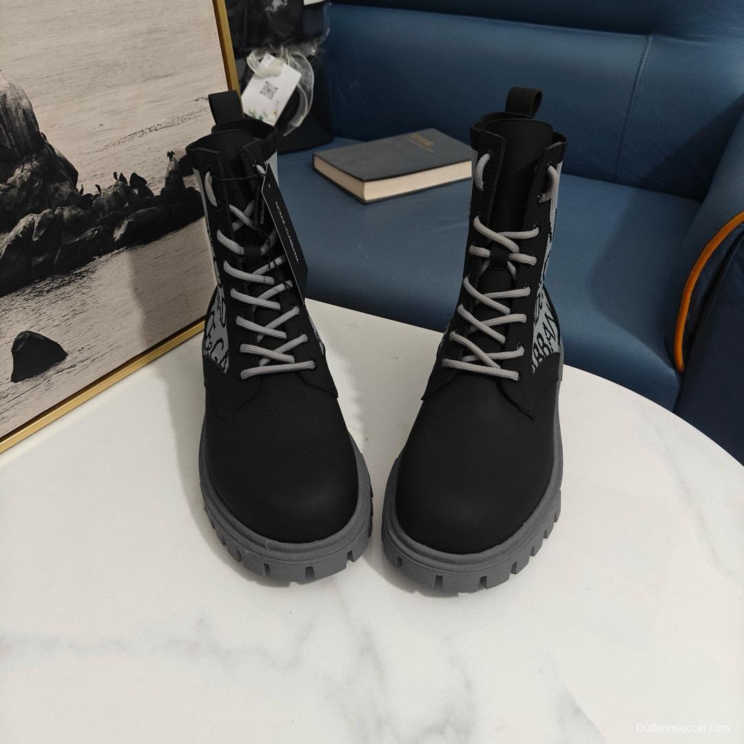 2024 Unisex Dolce & Gabbana Black Light Grey Fabric Leather Boots
