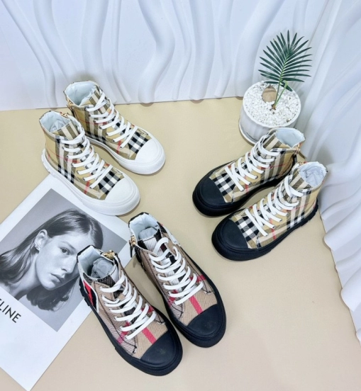 2024 Kids Burberry Beige Black White Canvas Leather High-top Sneakers