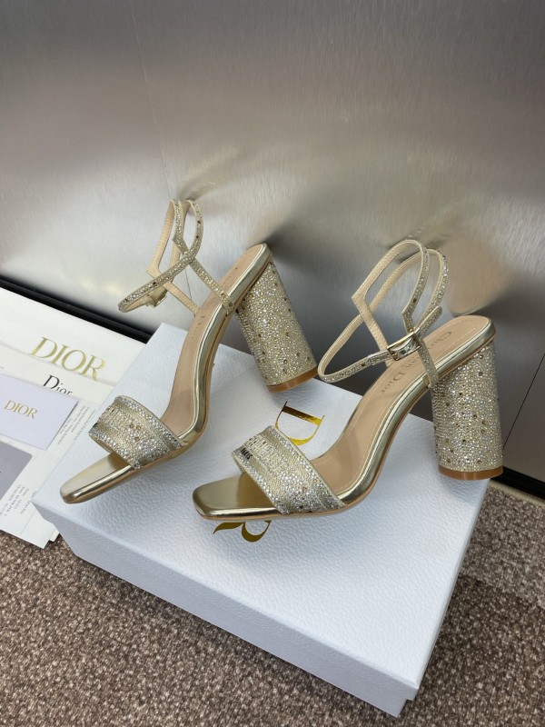 2025 Women Dior Gold Crystal Embellished Leather Sandals KFY00320