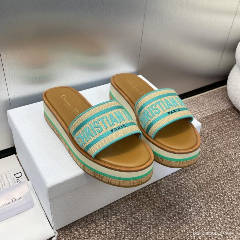 2025 Women Dior Blue Beige Fabric Leather Platform Slide Sandals