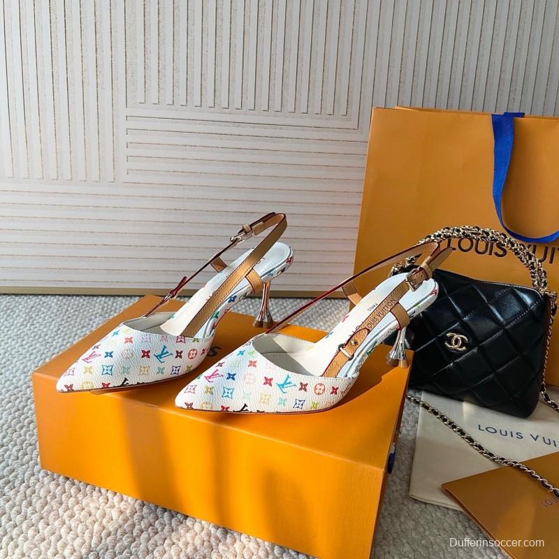 2025 Women Louis Vuitton White Multicolor Canvas Leather Slingback Pumps