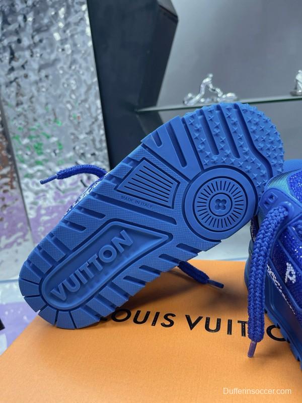 2024 Unisex Louis Vuitton Blue Rhinestone Trainer Sneakers Heat Pressing MJ00430