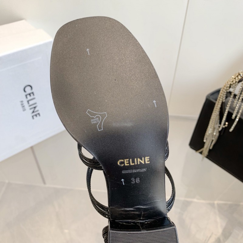 2025 Women Celine Black Patent Leather Sandals