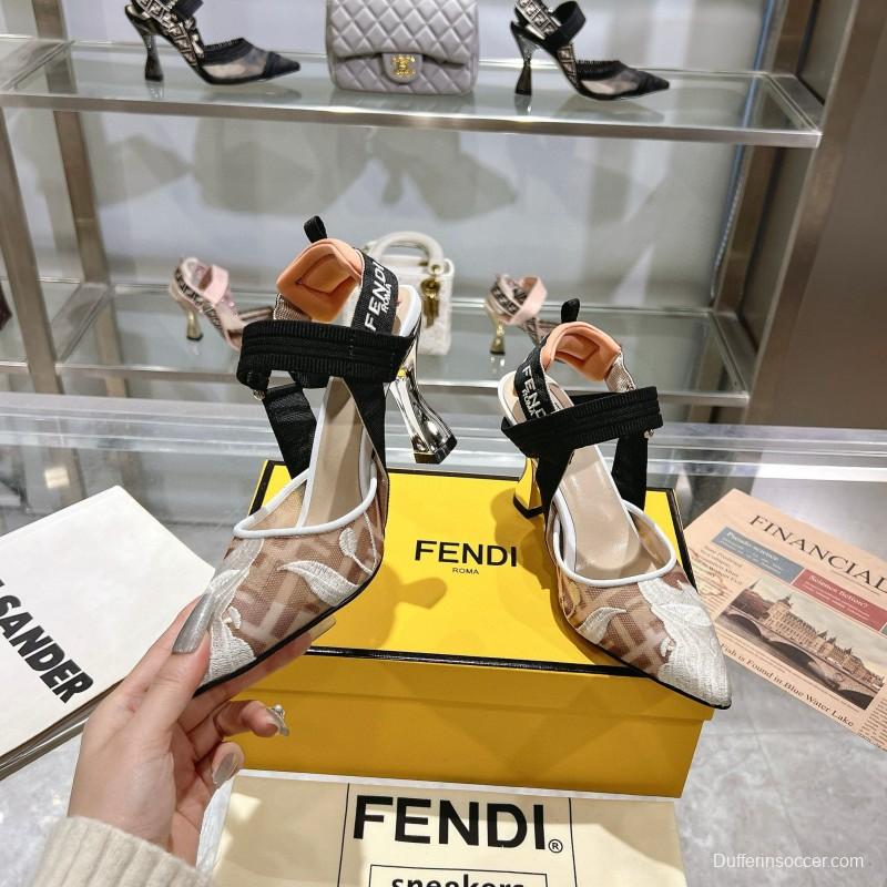 2025 Women Fendi Beige Black Mesh Leather Heels MJ00280