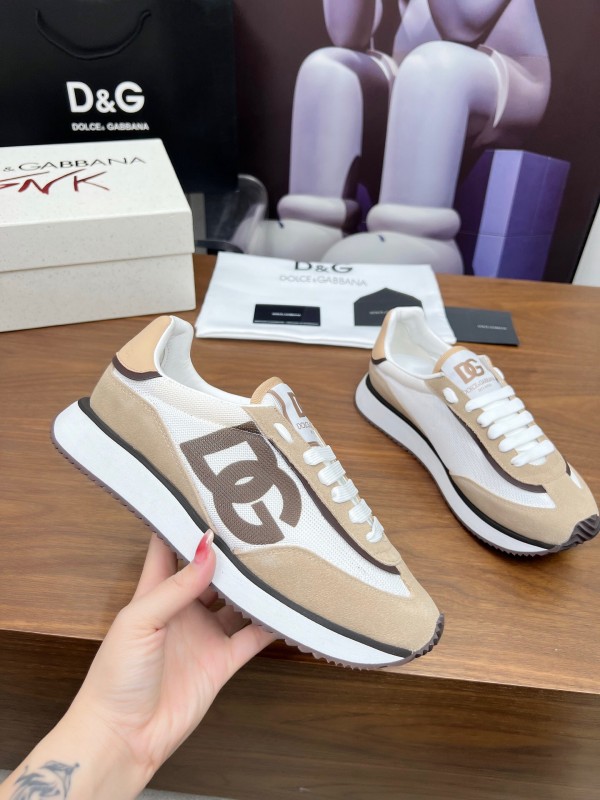 2025 Unisex Dolce & Gabbana White Beige Suede Mesh Sneakers LY00300