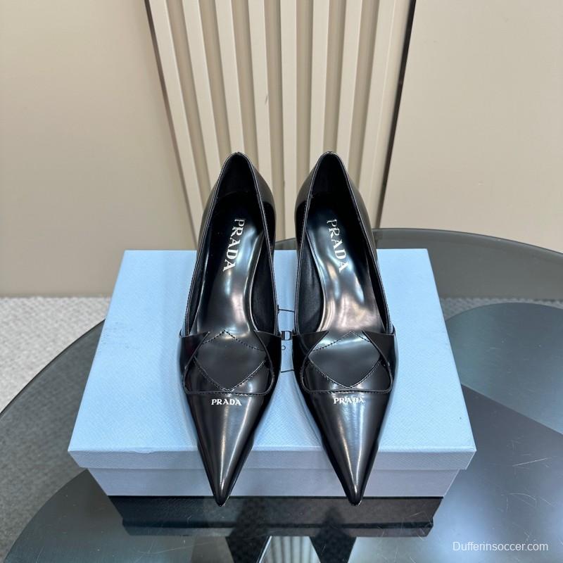 2025 Women Prada Black Leather Heels KFY00310