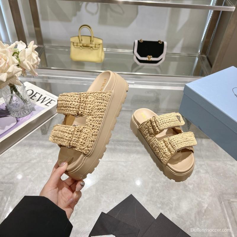 2025 Women Prada Beige Woven Leather Slippers LY