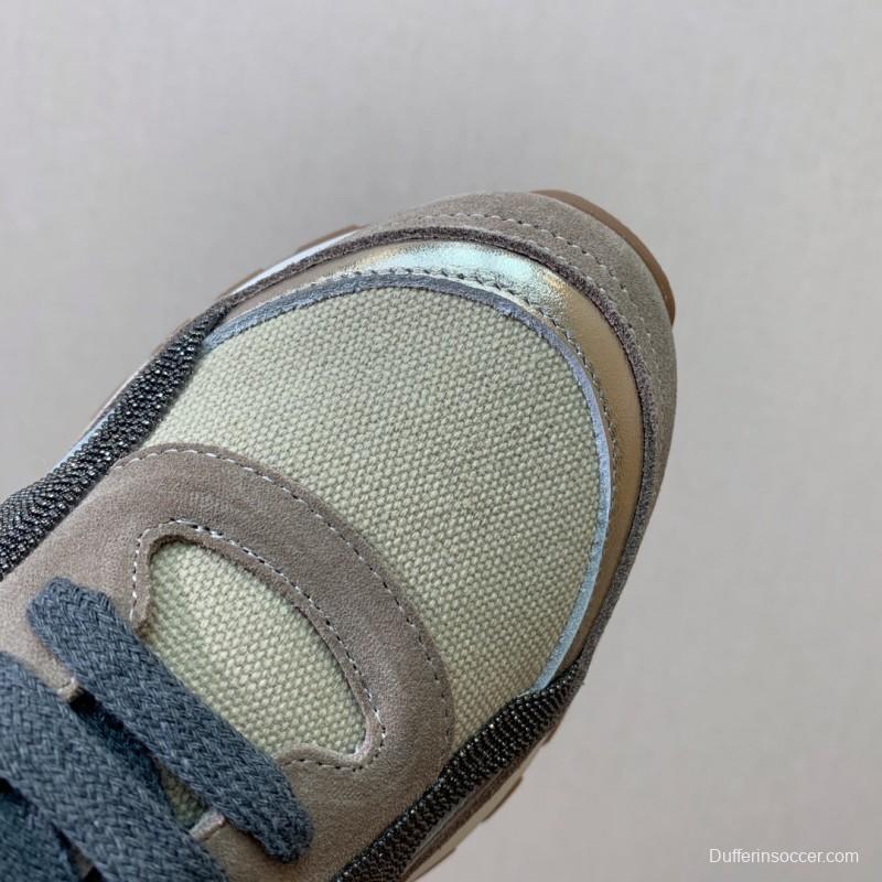 2025 Unisex Brunello Cucinelli Beige Grey Suede Mesh Sneakers LY