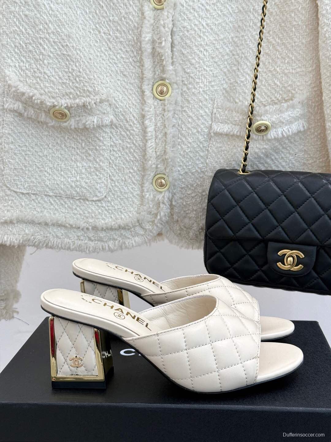 2025 Women Chanel White Lambskin High Heel Slippers Quilted KFY00260