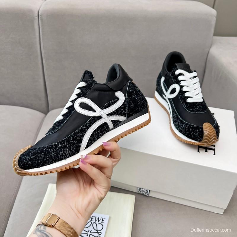 2025 Women Loewe Black White Leather Fabric Sneakers