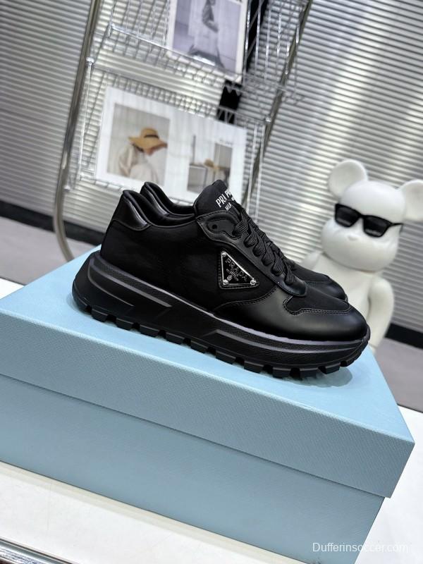 2025 Unisex Prada Black Leather Nylon Sneakers