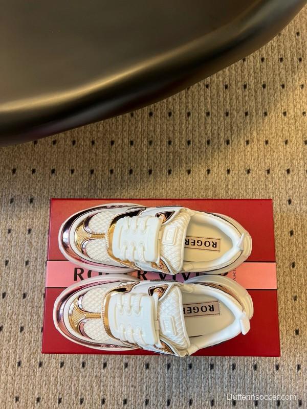 2025 Women Roger Vivier White Pink Leather Mesh Sneakers KFY00380