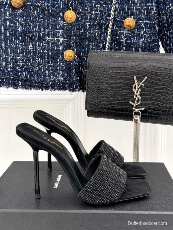 2025 Women Yves Saint Laurent Black Rhinestone Leather High Heel Slippers LY00300