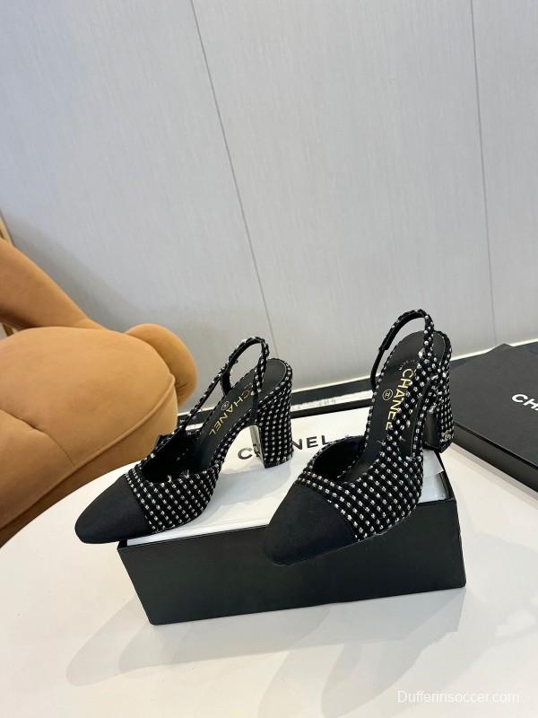 2025 Women Chanel Black White Tweed Leather Slingback Pumps