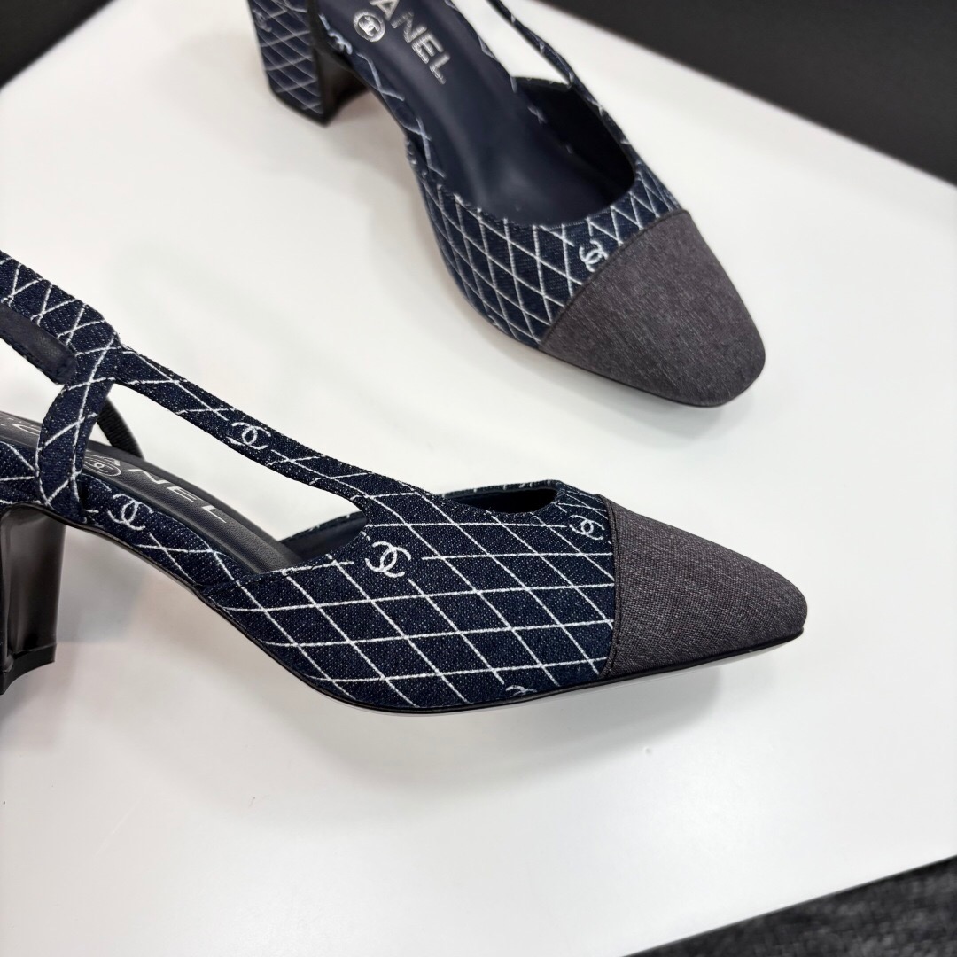 2025 Women Chanel Blue Grey Denim Leather Slingback LY00240