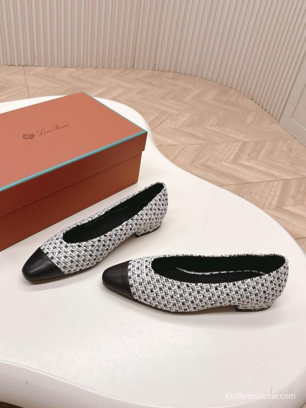 2025 Women Le Parmentier Black White Tweed Leather Pointed Toe Loafers