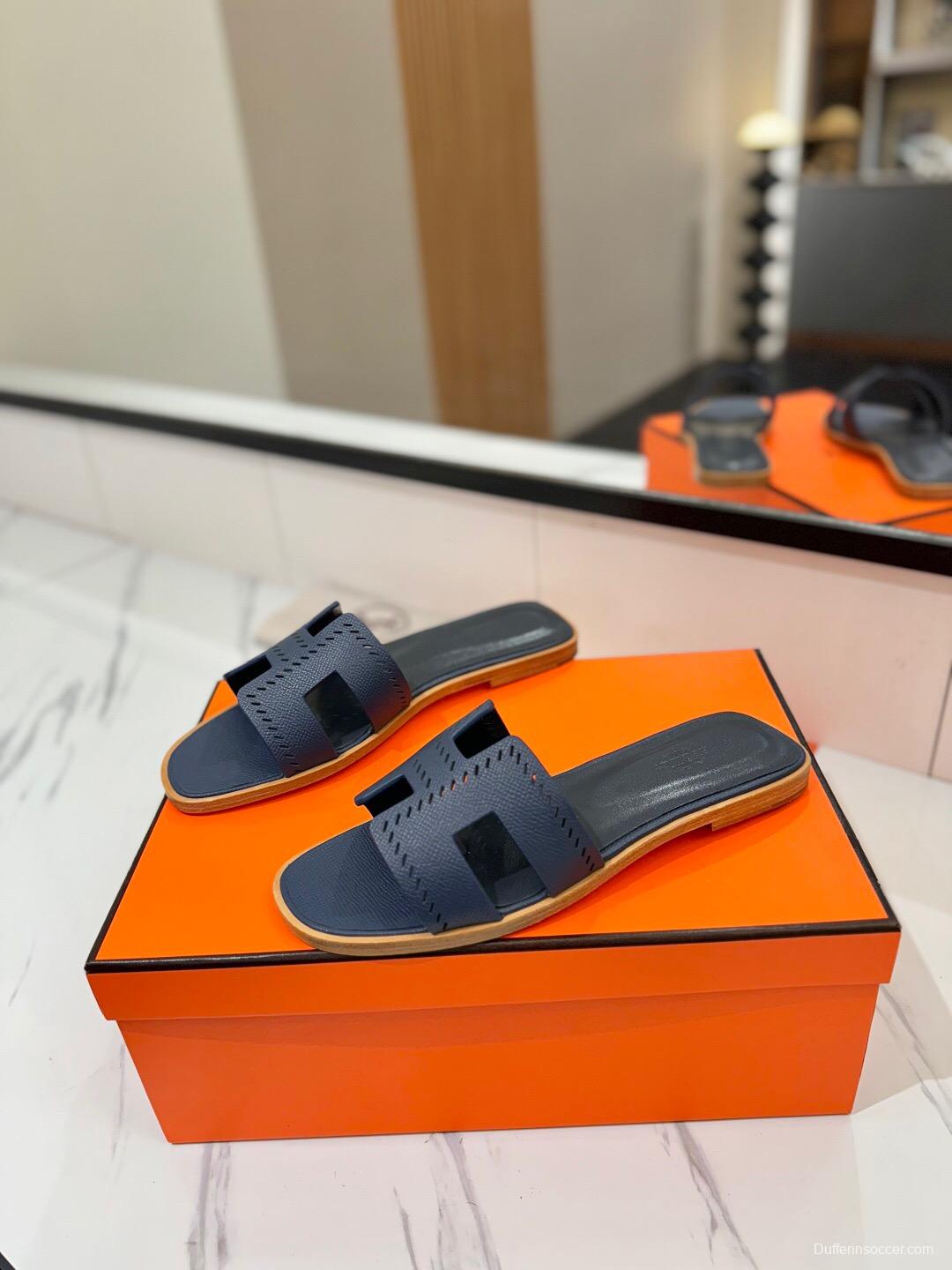 2025 Women Hermès Navy Leather Slippers