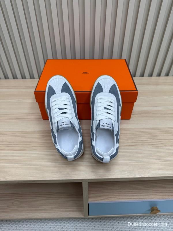 2025 Unisex Hermès White Grey Suede Down Fabric Sneakers Top Version LY00310