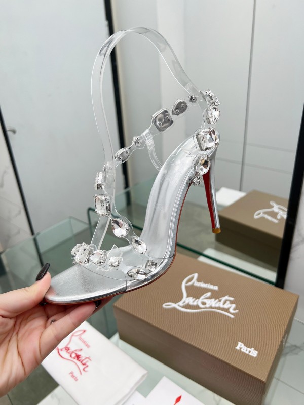 2025 Women Christian Louboutin Silver PVC Crystal High Heel Sandals LY00300