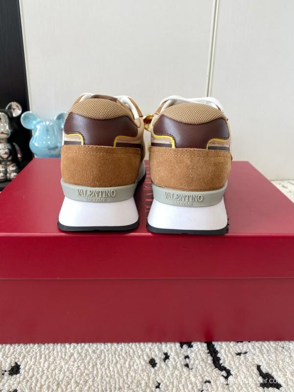 2025 Unisex Valentino Beige Brown Yellow Suede Silk Cow Leather Sneakers LY00340