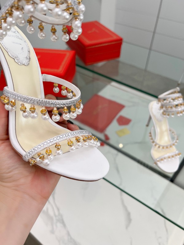 2025 Women RC White Crystal Pearl Leather High Heel Sandals LY00360