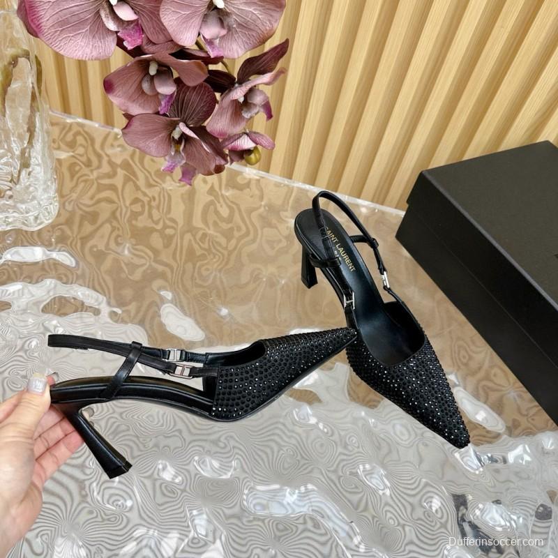 2024 Women Yves Saint Laurent Black Silk Slingback Heels MJ00320