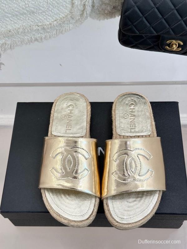 2025 Women Chanel Gold Leather Slippers