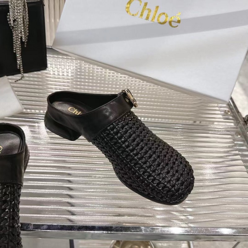2025 Women Chloé Black Leather Woven Slippers