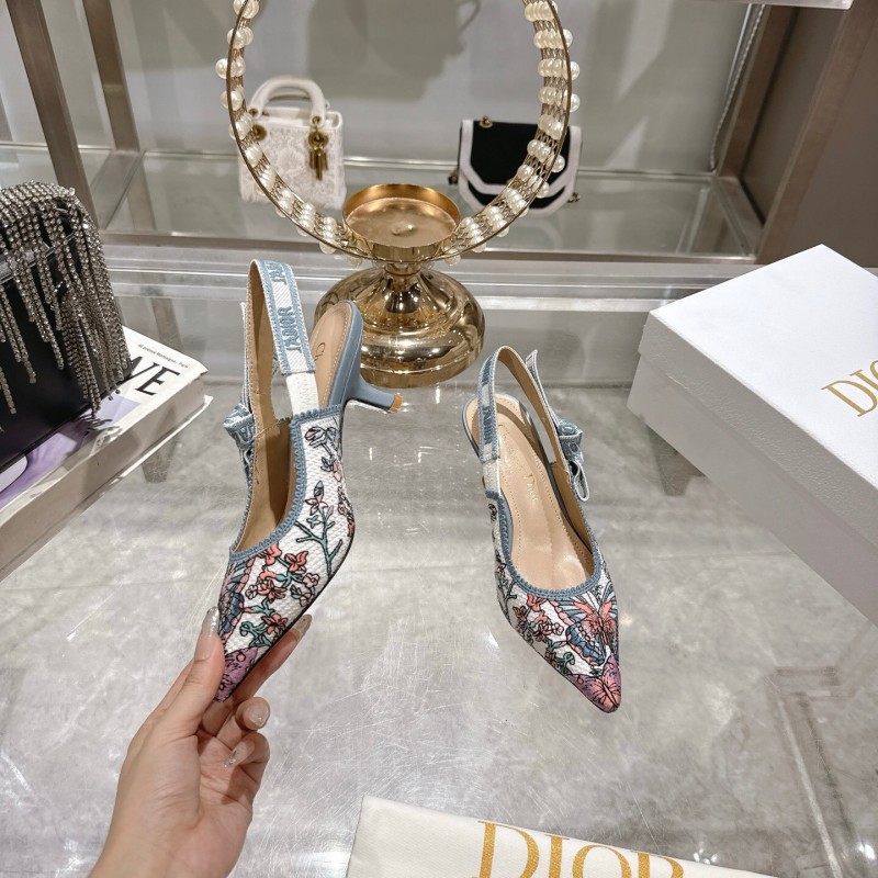 2025 Women Dior Blue Pink Embroidered Fabric Slingback Heels