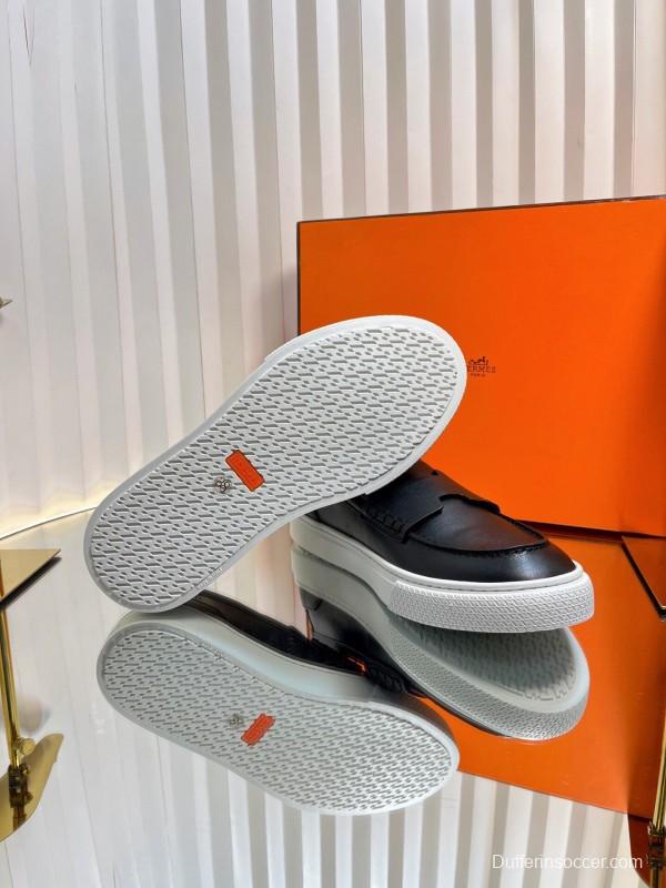 2025 Unisex Hermès Black Leather Fabric Loafers Slip-On LY00310(F)/LY00320(M)