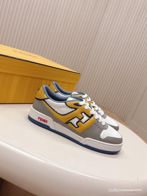 2025 Unisex Fendi White Yellow Grey Leather Sneakers FD Match LY00360(F)/LY00370(M)