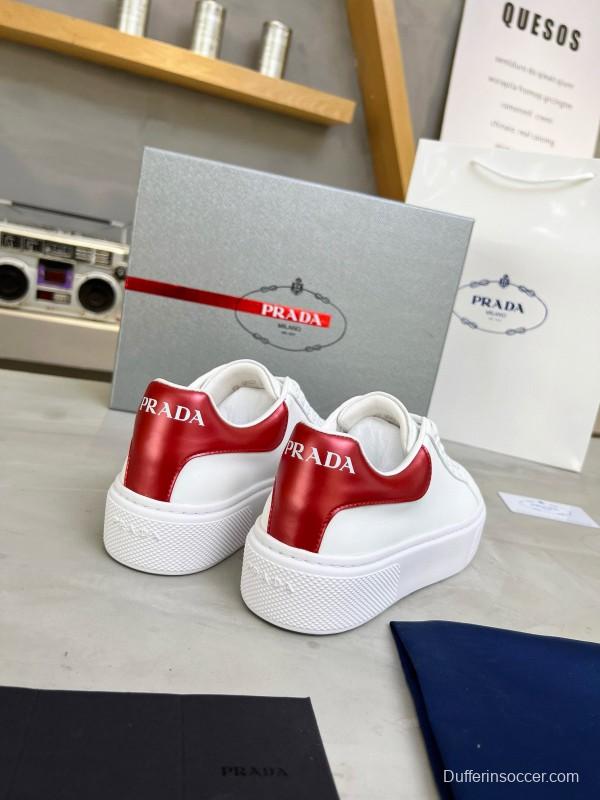 2024 Unisex Prada White Red Calfskin Silk Thick Sole Sneakers MJ00310