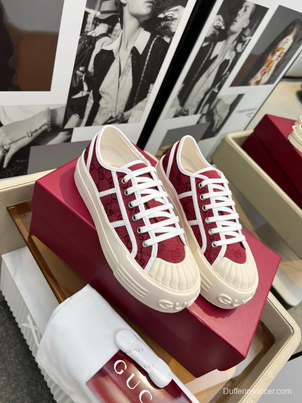 2025 Women Gucci Burgundy Canvas Rubber Sole Thick Platform Sneakers Handcrafted LY00270